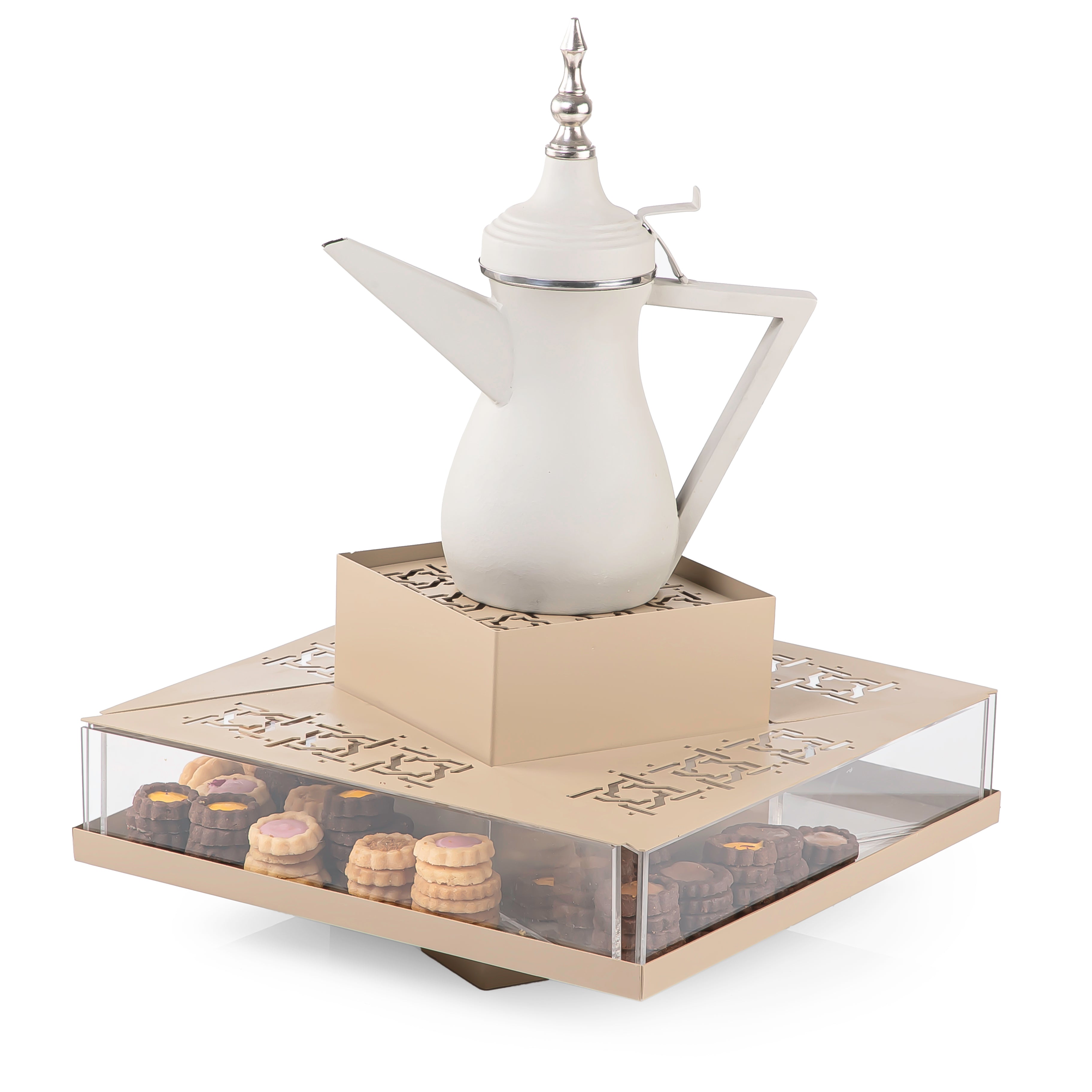 Beige metal stand with sweet storage place with thermos