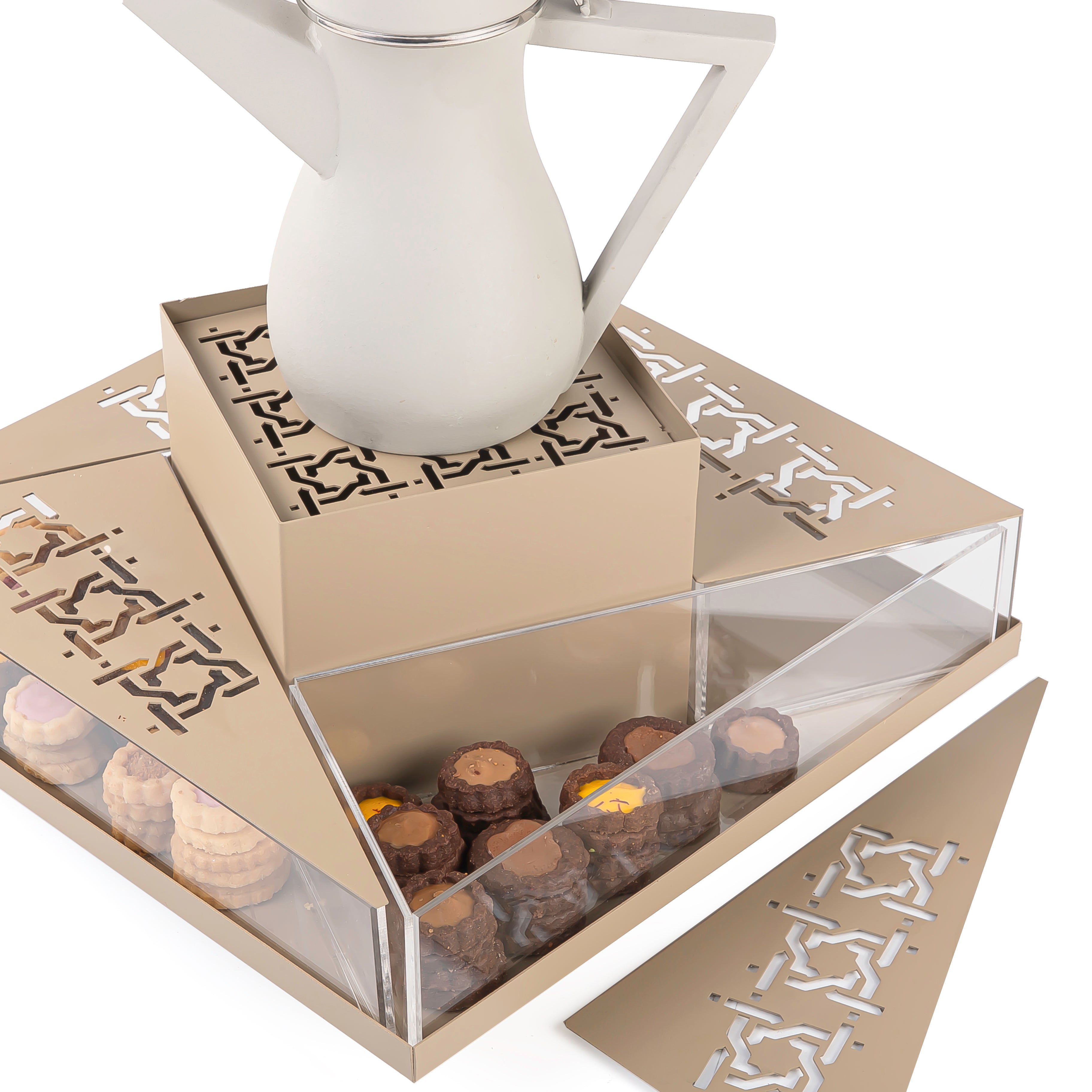 Beige metal stand with sweet storage place with thermos