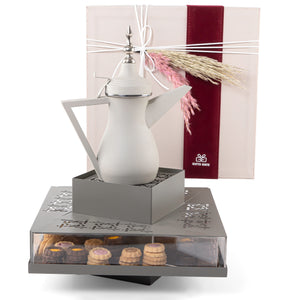 Grey metal stand with sweet storage place with thermos