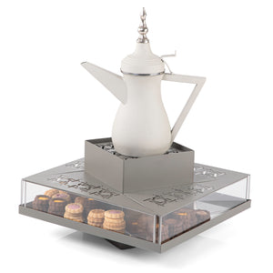 Grey metal stand with sweet storage place with thermos