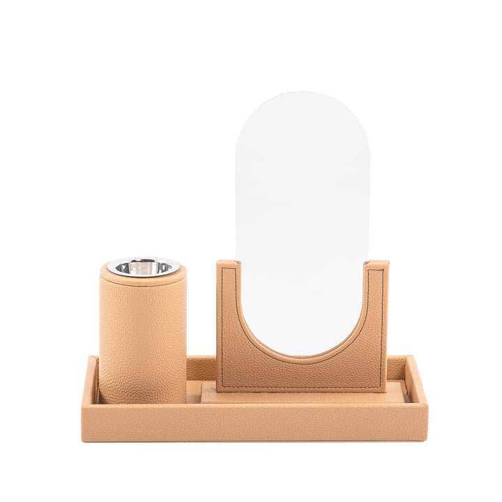 A beige leather set includes rectangular tray, incense burner, and mirror