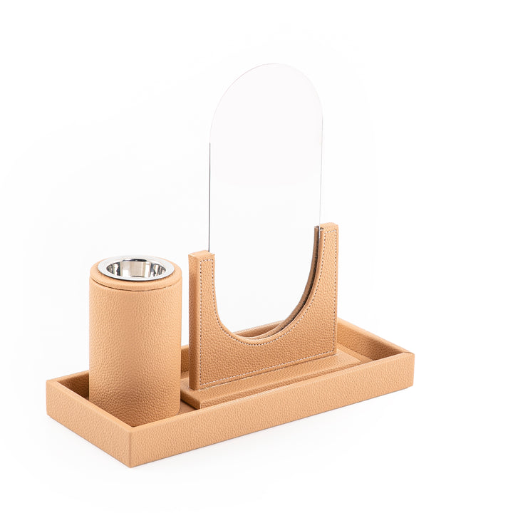 A beige leather set includes rectangular tray, incense burner, and mirror