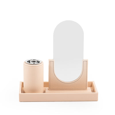 A beige/off-white leather set includes rectangular tray, incense burner, and mirror