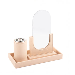 A beige/off-white leather set includes rectangular tray, incense burner, and mirror