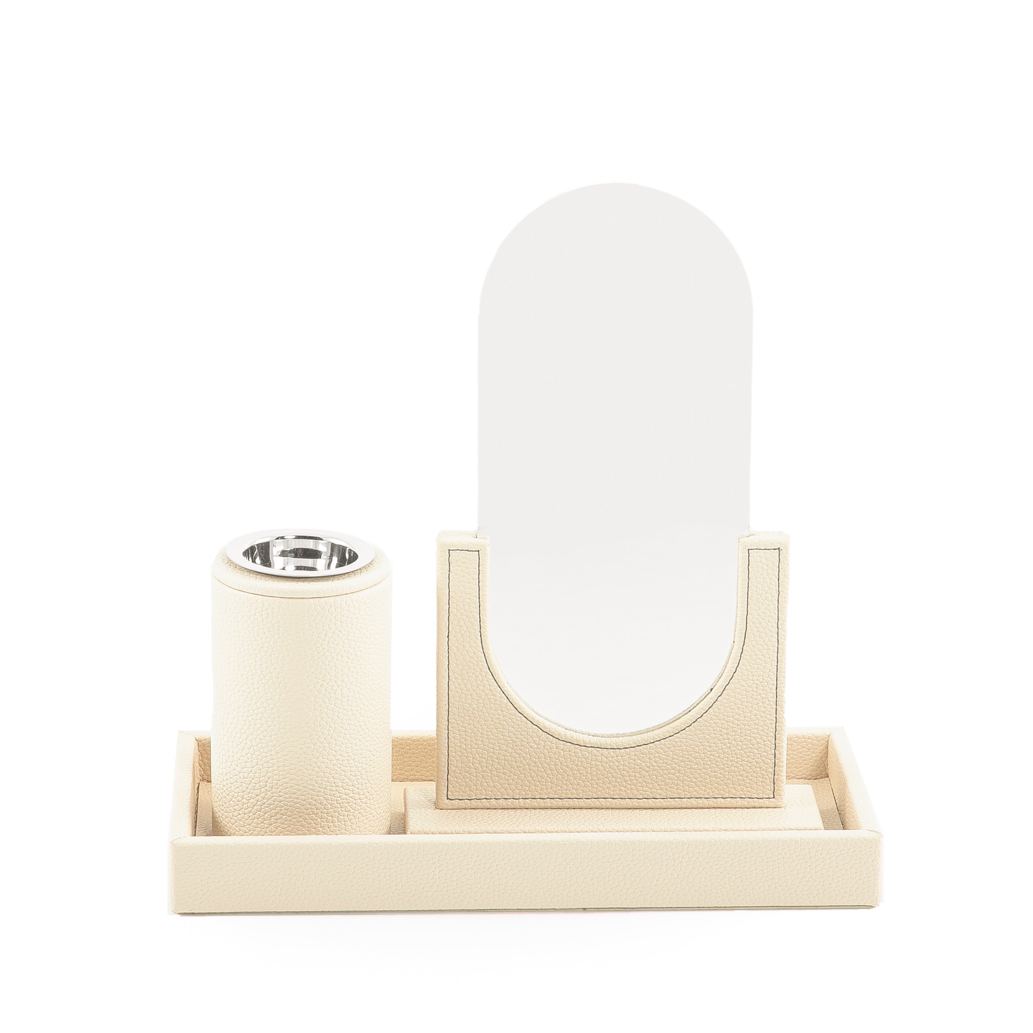 A white leather set includes rectangular tray, incense burner, and mirror
