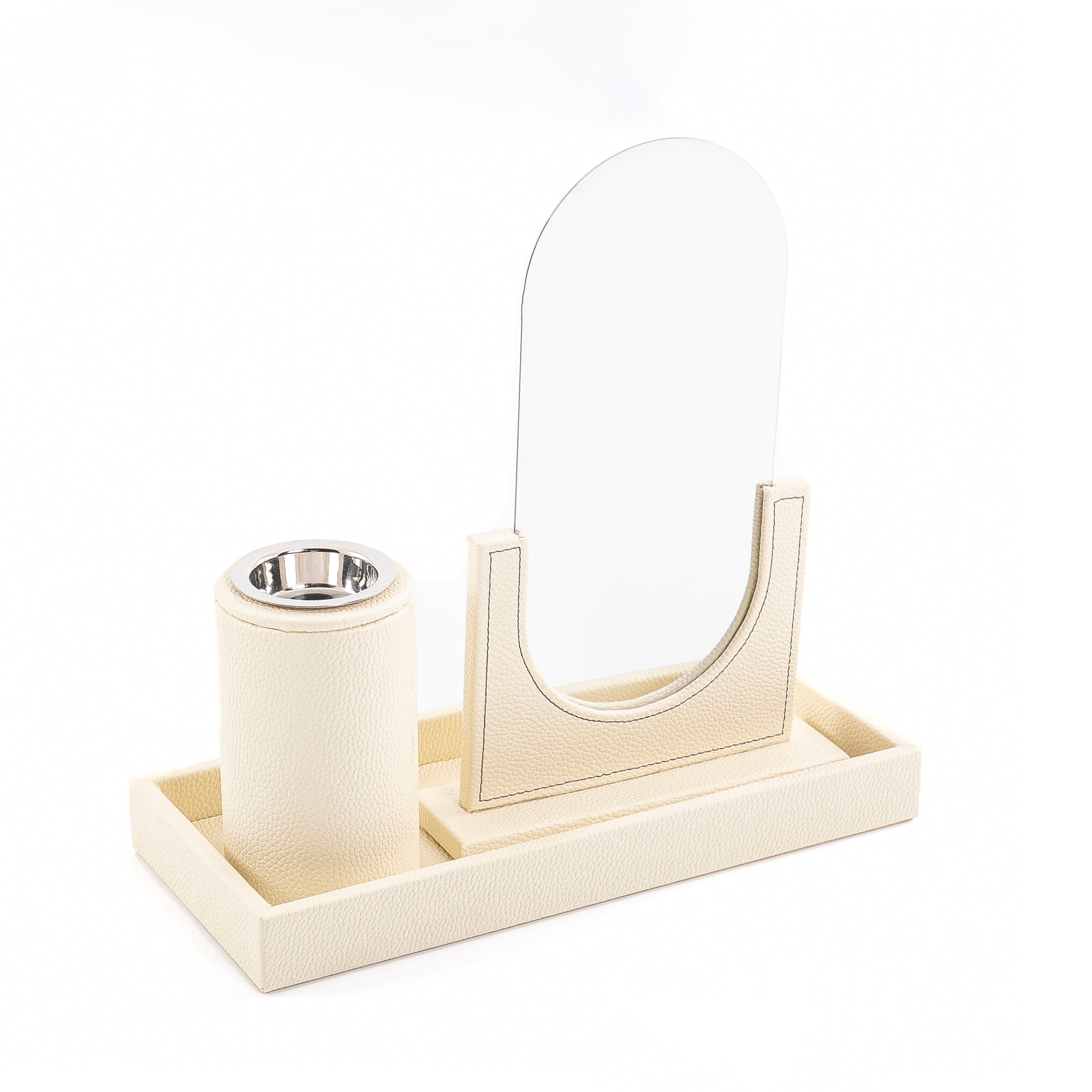 A white leather set includes rectangular tray, incense burner, and mirror