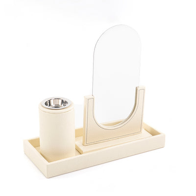 A white leather set includes rectangular tray, incense burner, and mirror