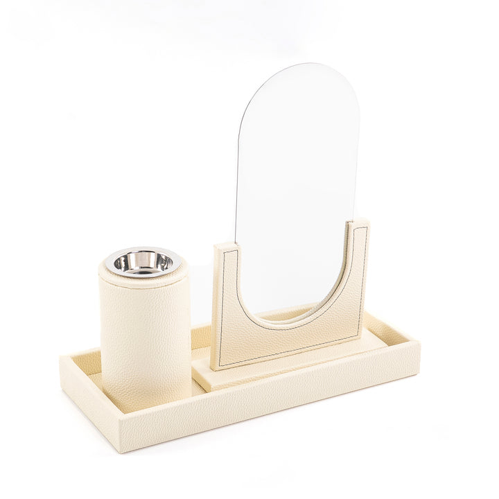A white leather set includes rectangular tray, incense burner, and mirror