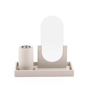 A grey leather set includes rectangular tray, incense burner, and mirror