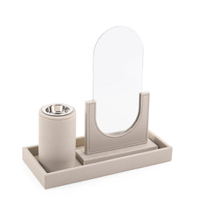A grey leather set includes rectangular tray, incense burner, and mirror