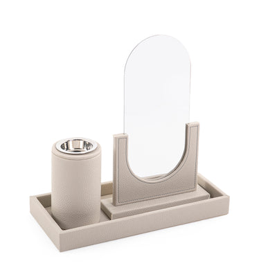 A grey leather set includes rectangular tray, incense burner, and mirror