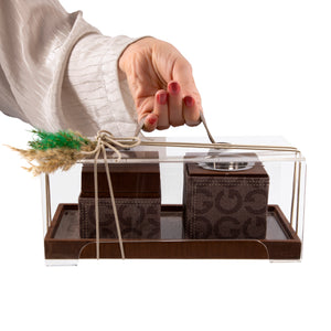 Brown tray with leather incense burner, and bakhor jar inside Acrylic box