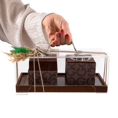 Brown tray with leather incense burner, and bakhor jar inside Acrylic box