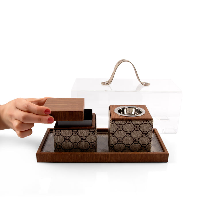 Brown tray with leather incense burner, and bakhor jar