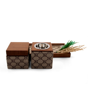 Brown tray with leather incense burner, and bakhor jar