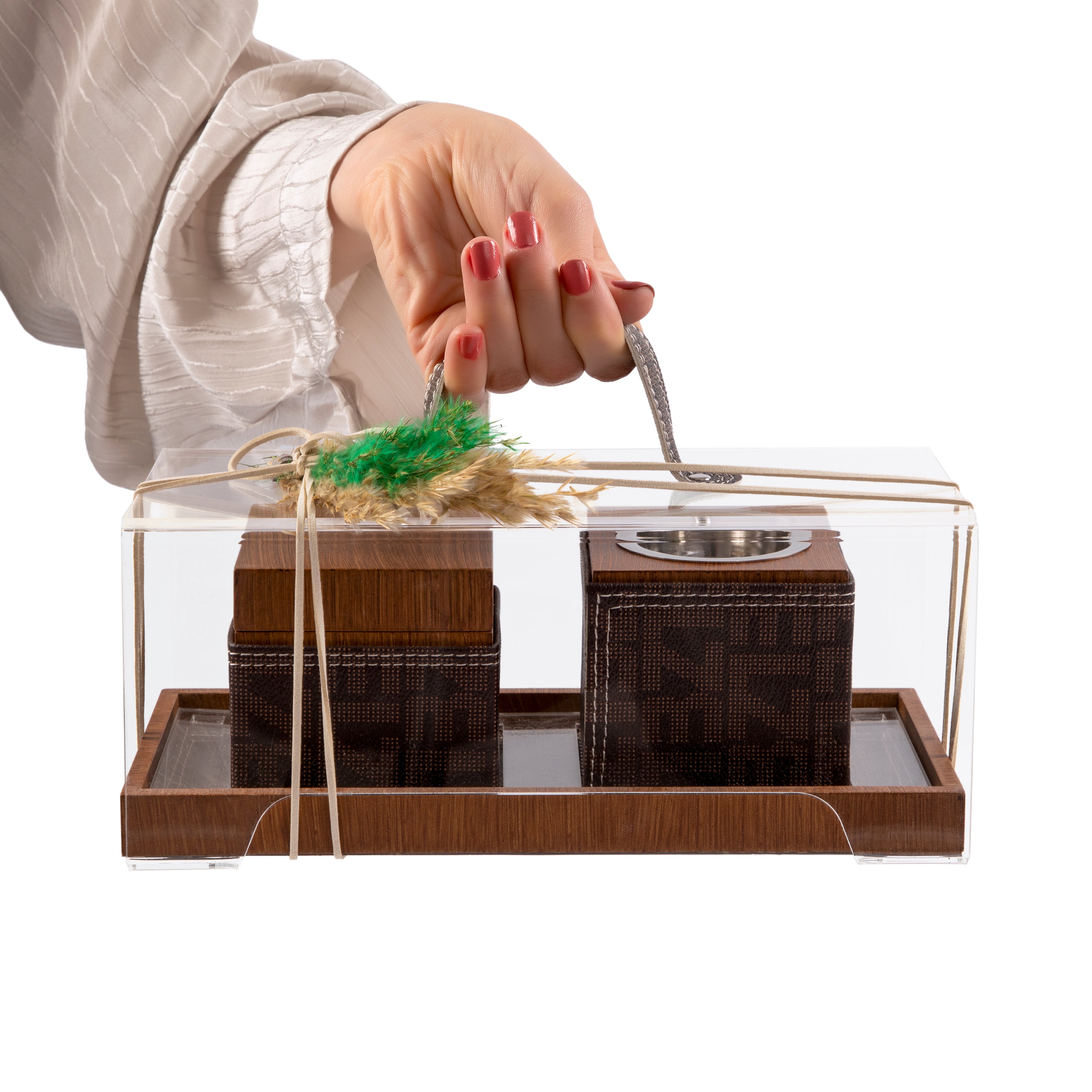 Brown tray with leather incense burner, and bakhor jar inside Acrylic box
