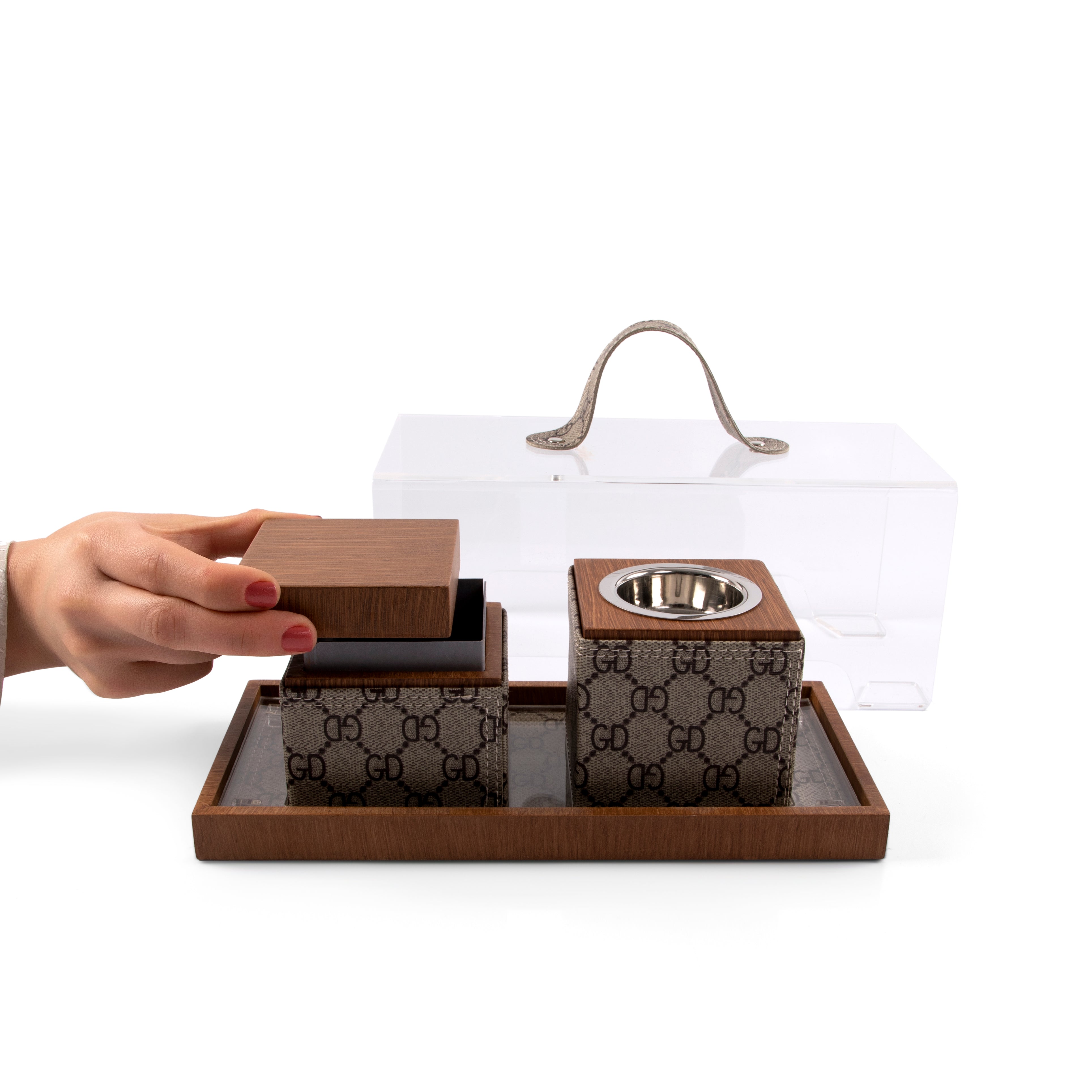 Brown tray with leather incense burner, and bakhor jar