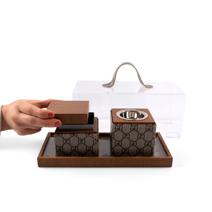 Brown tray with leather incense burner, and bakhor jar