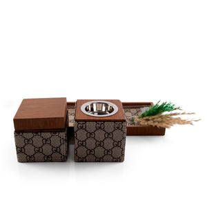 Brown tray with leather incense burner, and bakhor jar