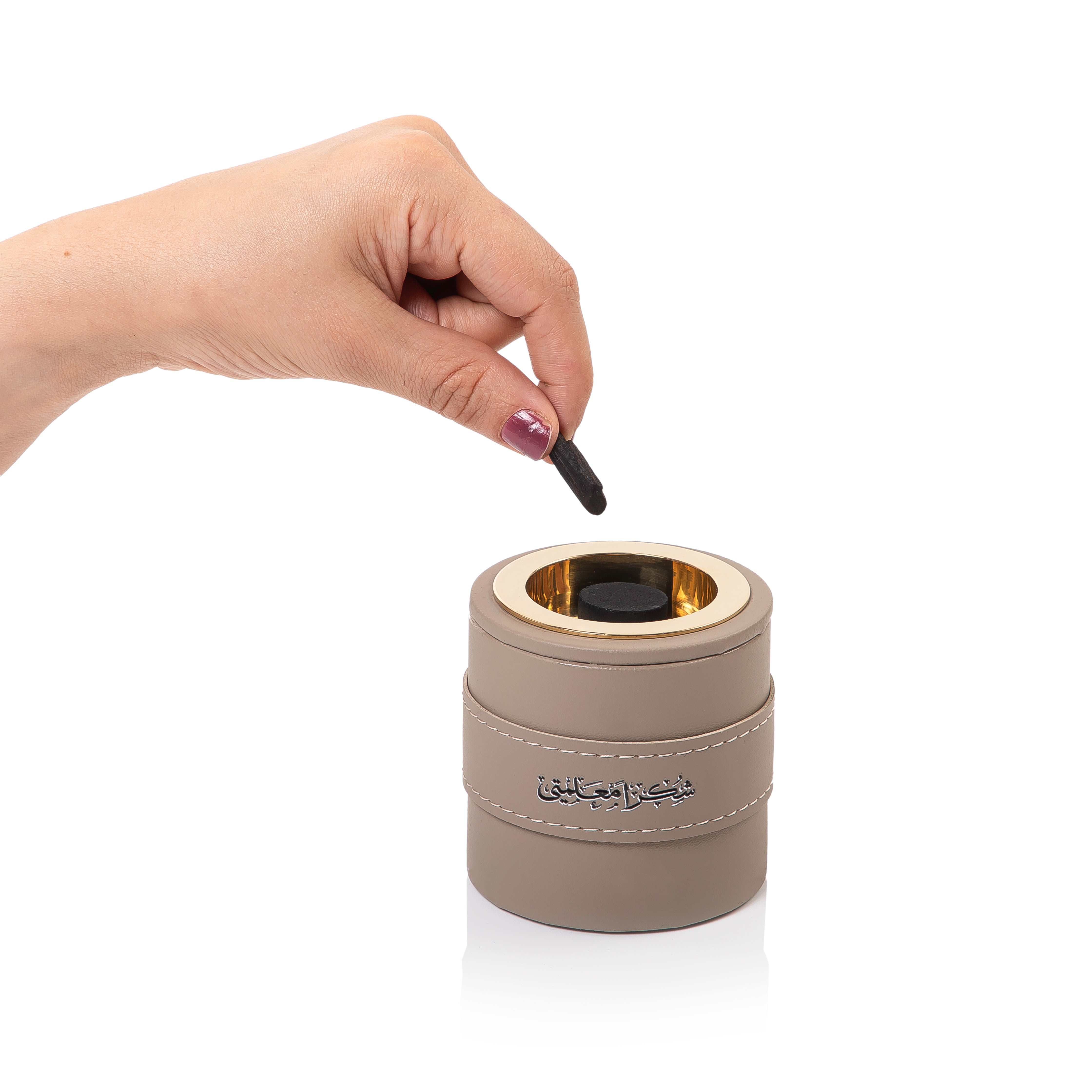 mini beige leather incense burner