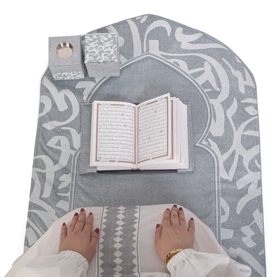 Blue set contains prayer carpet, matching prayer dress, Quran, incense burner, bakhor storage box with gift box