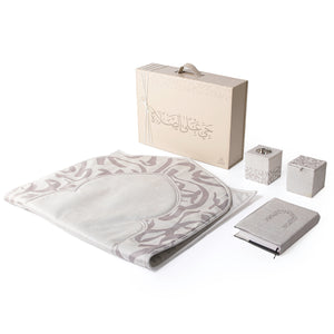 Grey set contains prayer carpet, matching prayer dress, Quran, incense burner, bakhor storage box with gift box