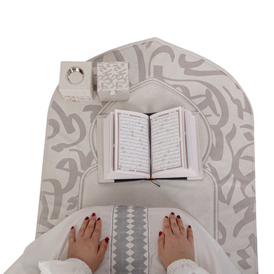 Grey set contains prayer carpet, matching prayer dress, Quran, incense burner, bakhor storage box with gift box
