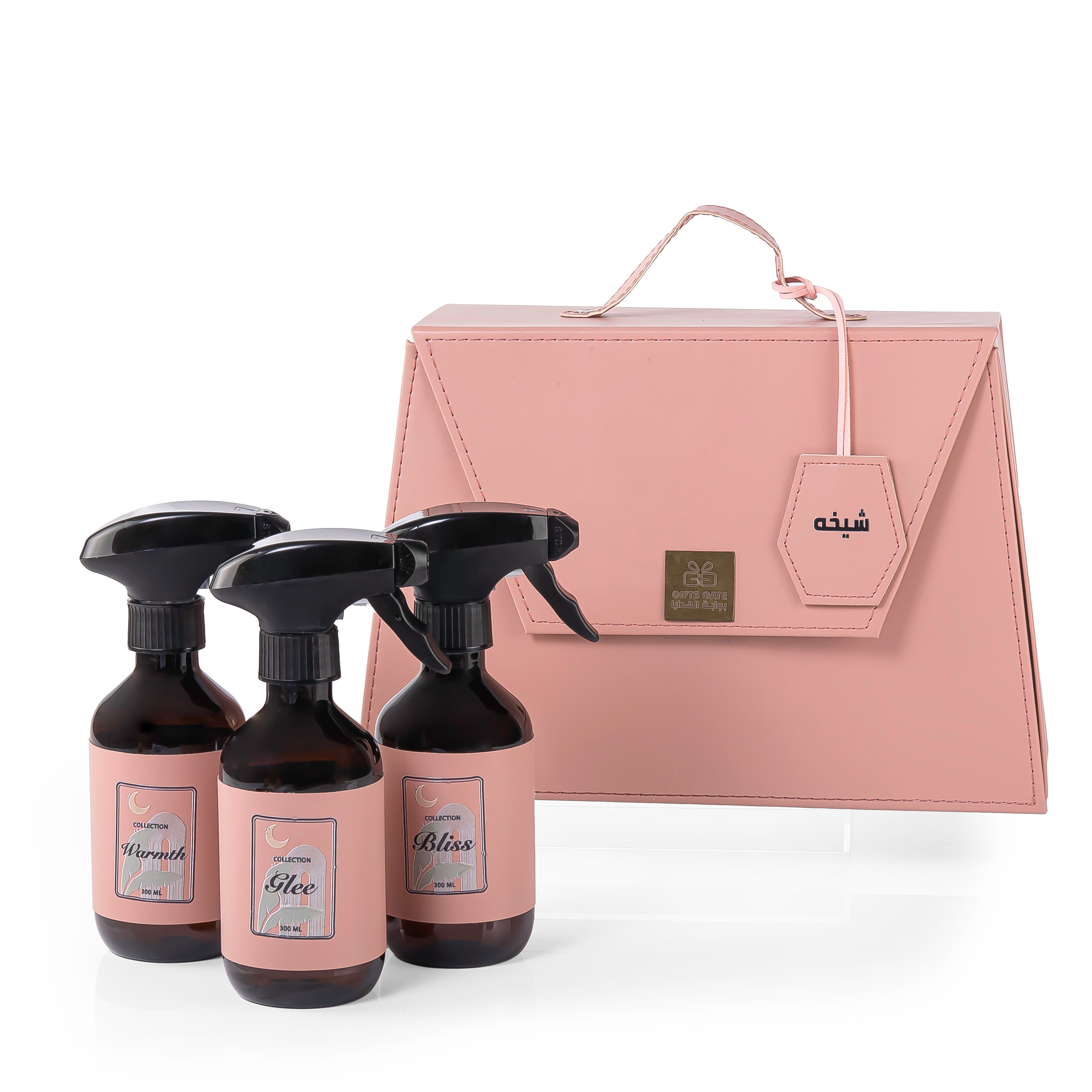 Pink bag contains three different room sprays with customizes name label 