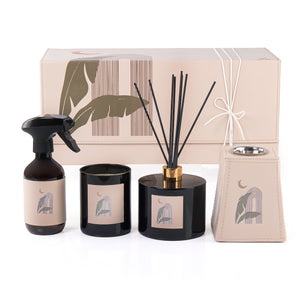 Beige box contains diffuser, candle, incense burner, and room spray