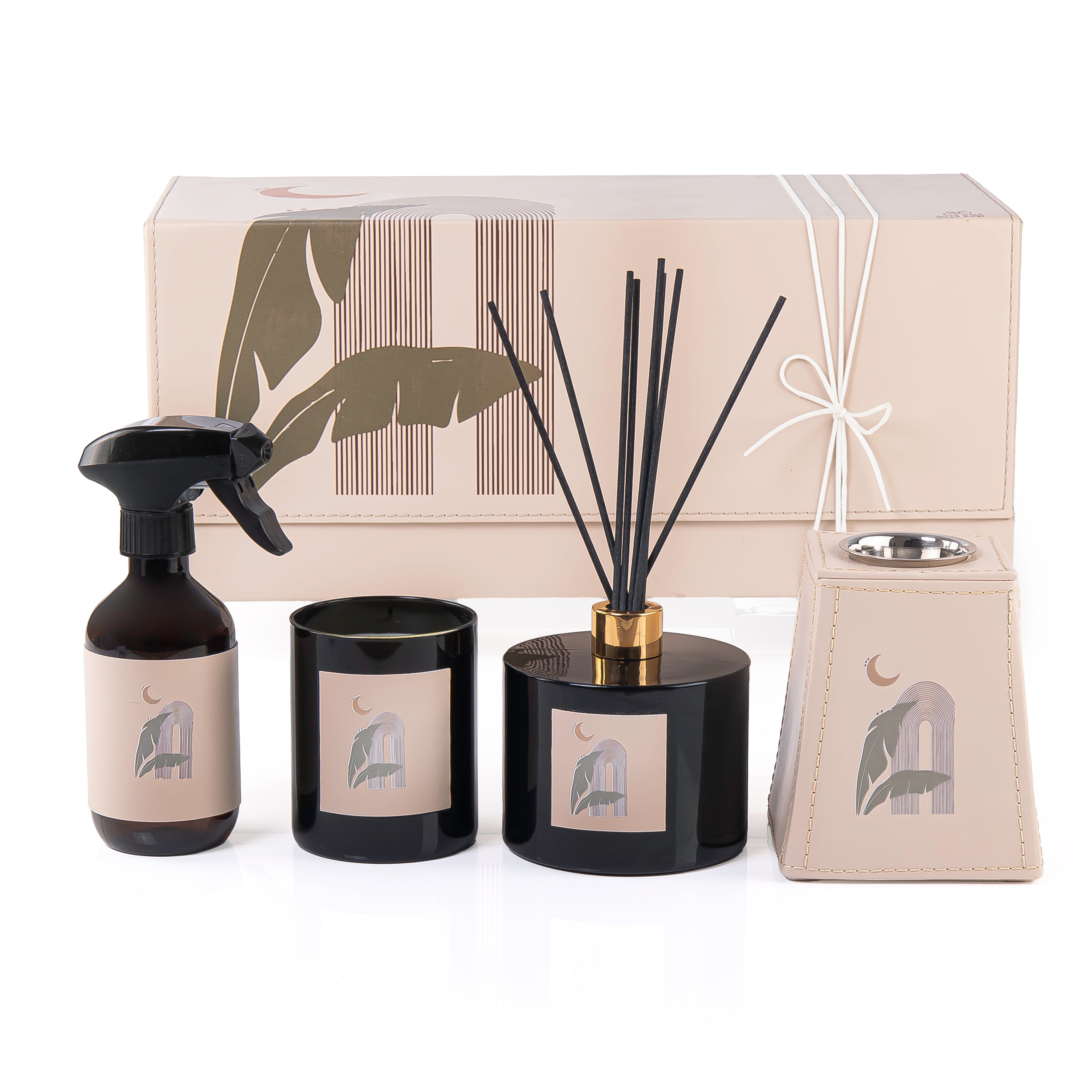 Beige box contains diffuser, candle, incense burner, and room spray