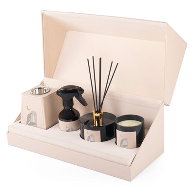 Beige box contains diffuser, candle, incense burner, and room spray