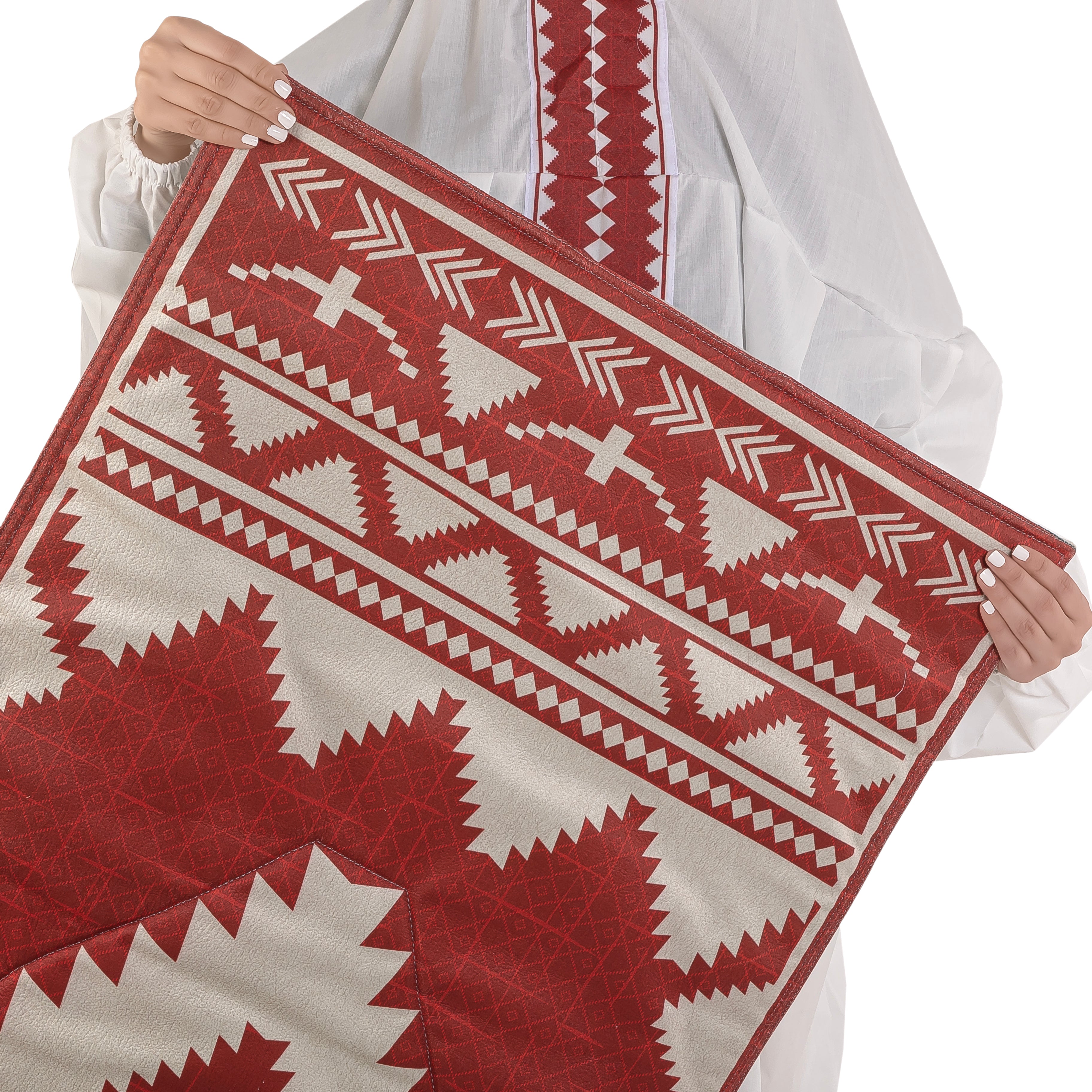 set of red prayer carpet with matching prayer dress 