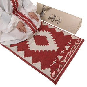 set of red prayer carpet with matching prayer dress 