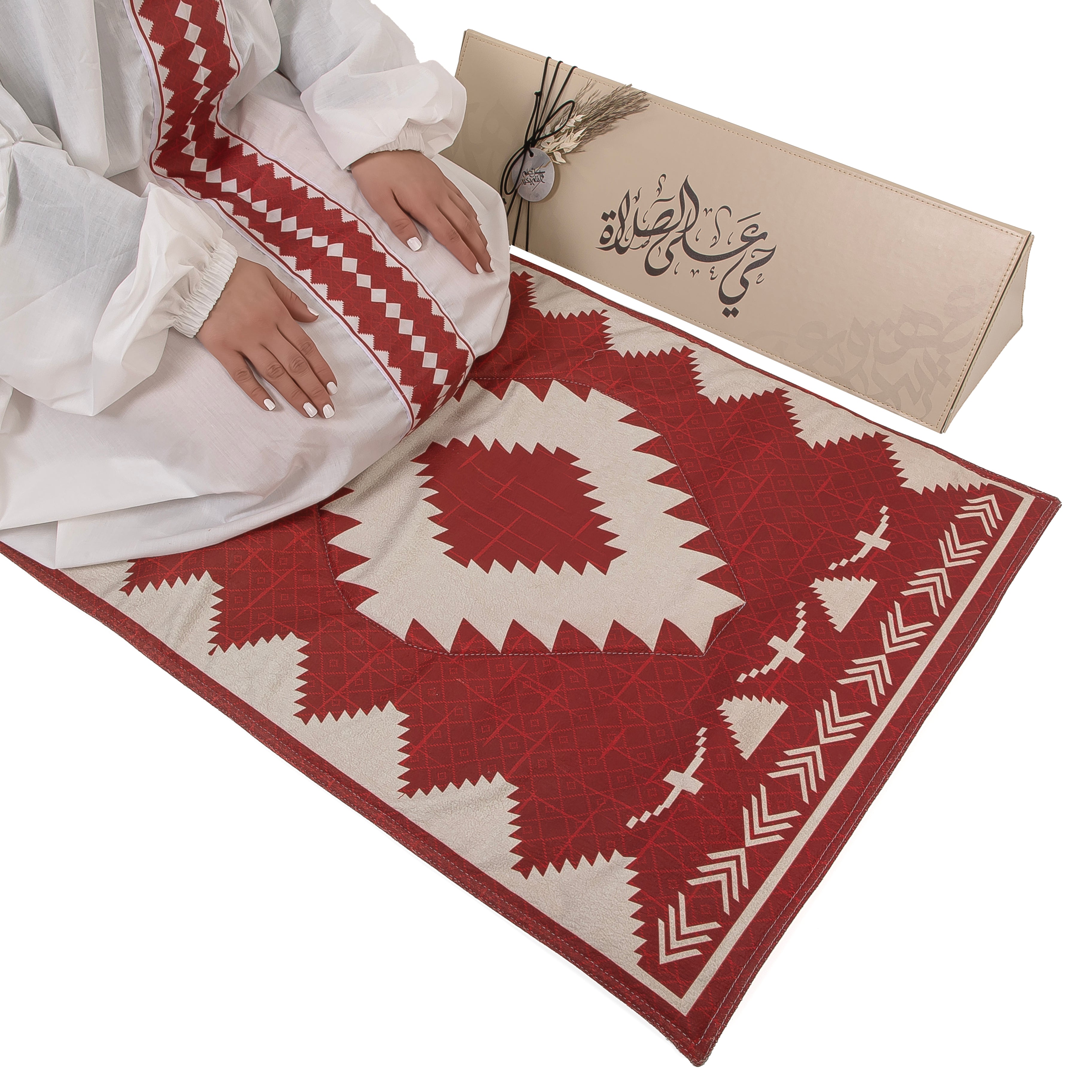 set of red prayer carpet with matching prayer dress 