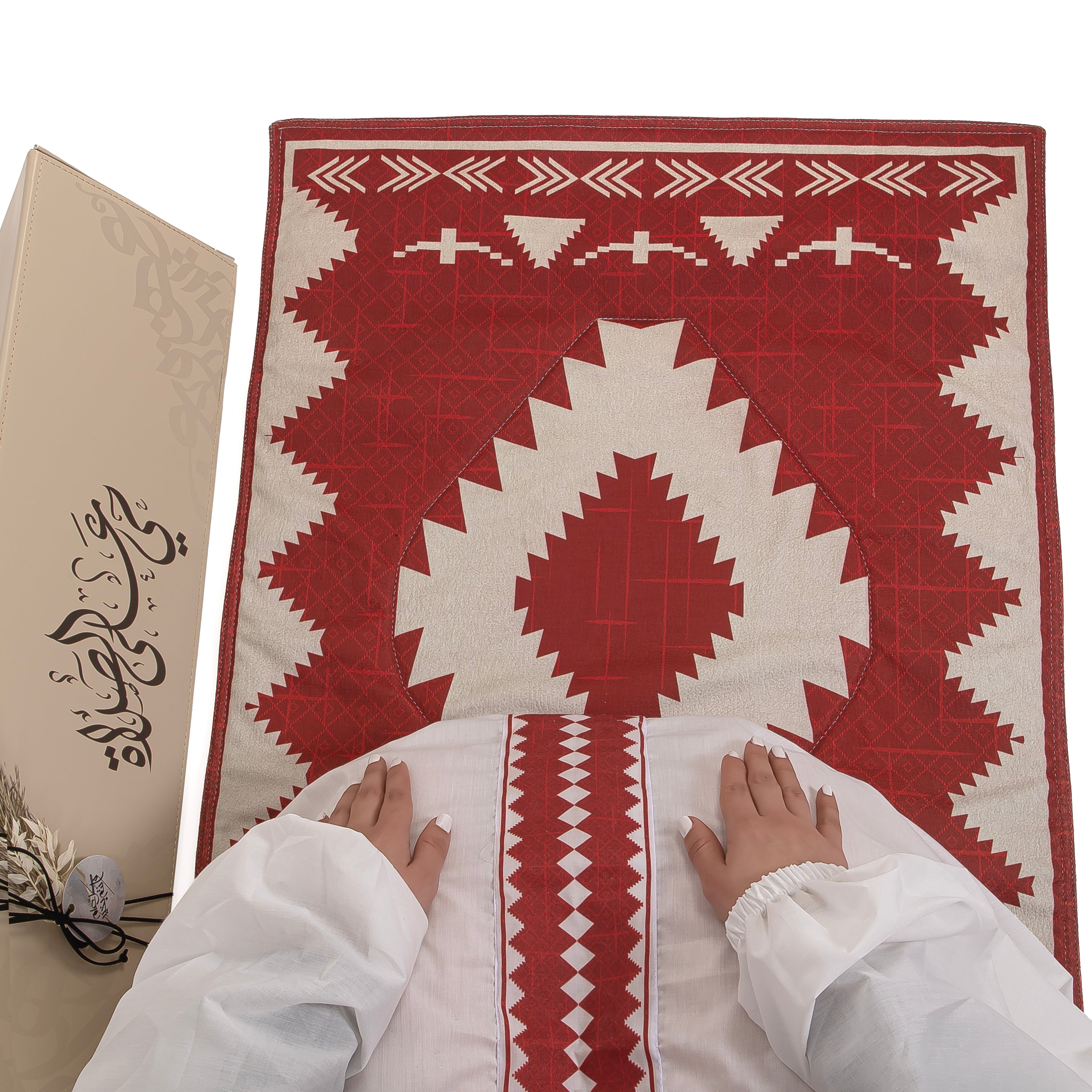 set of red prayer carpet with matching prayer dress 