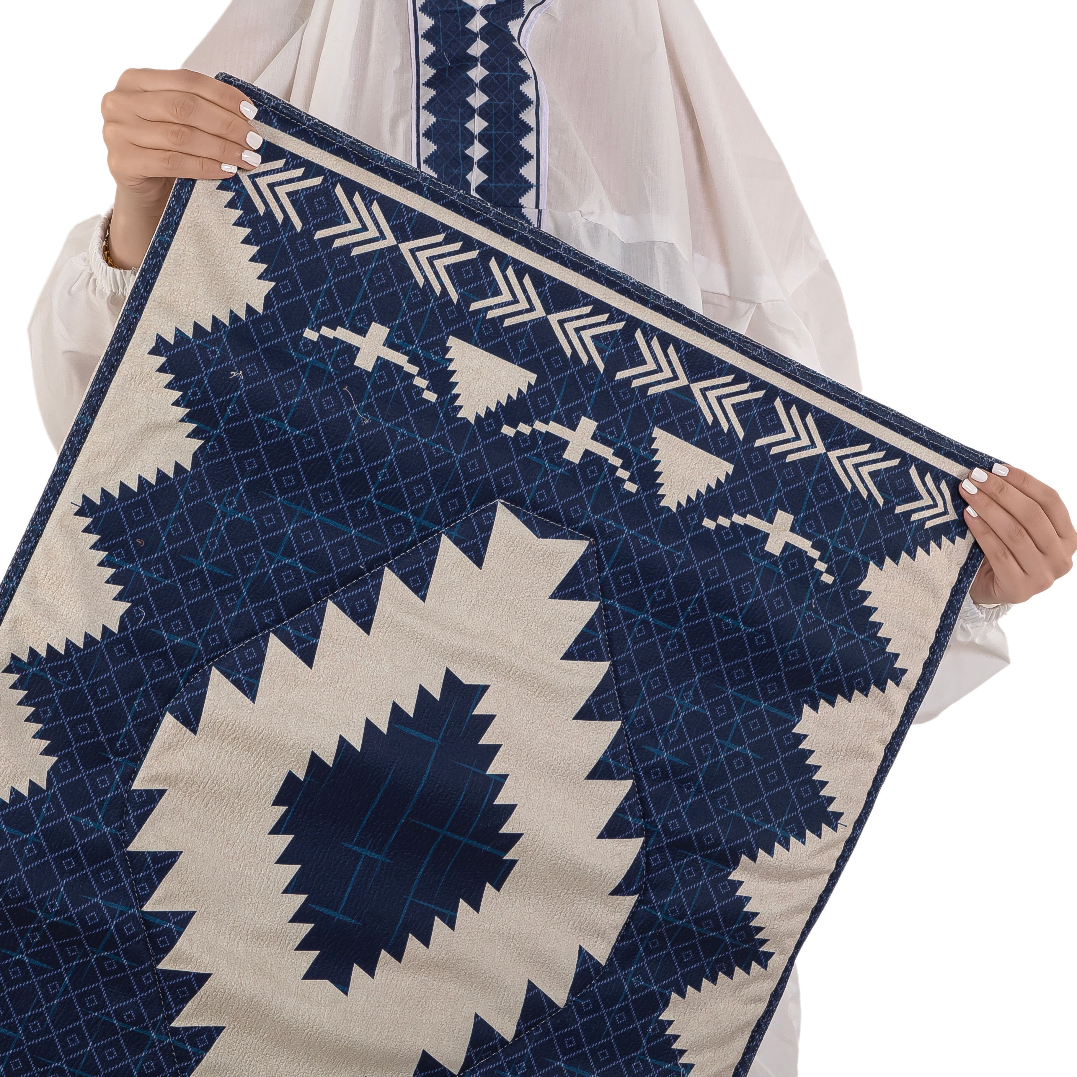 set of blue prayer carpet with matching prayer dress 