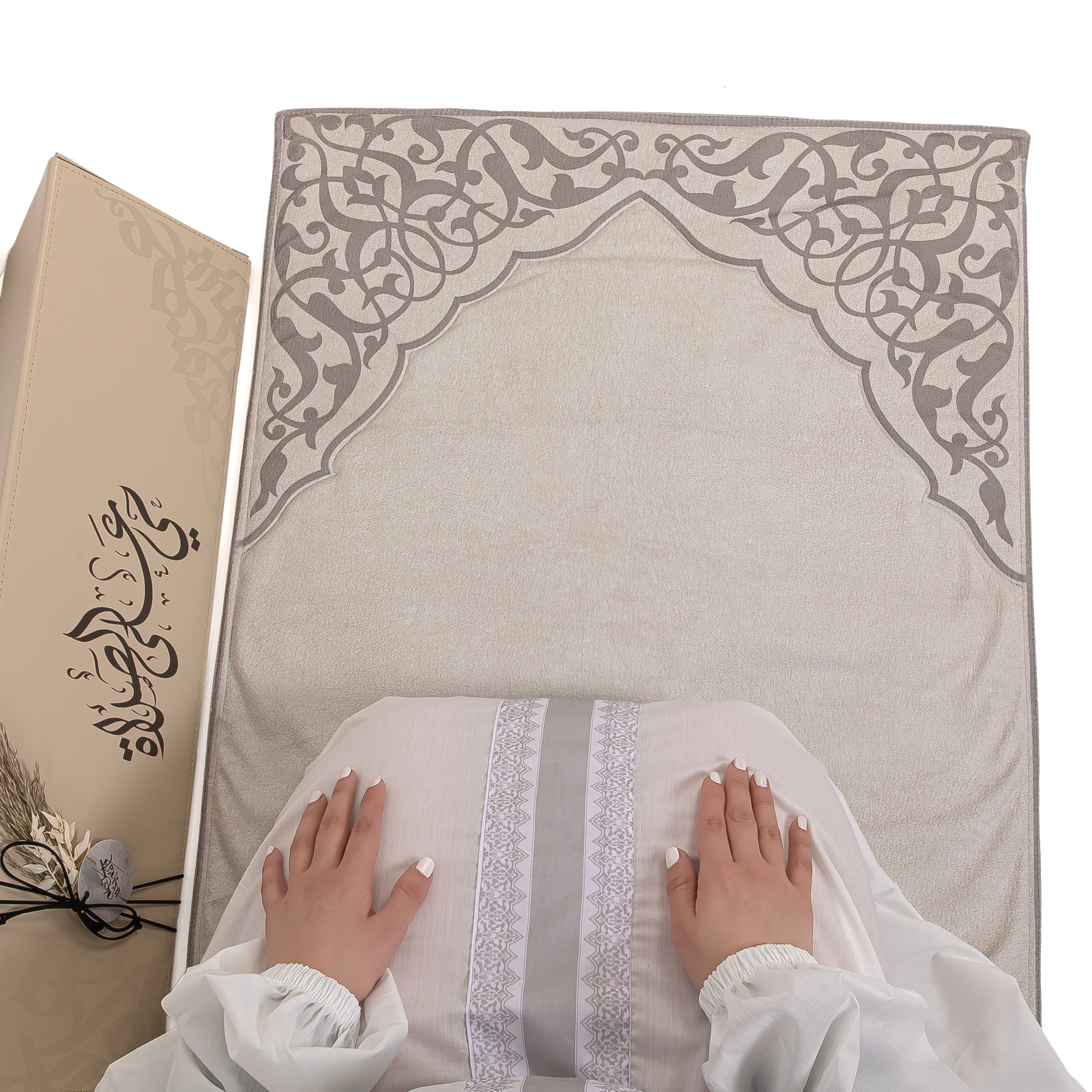 set of grey prayer carpet with matching prayer dress 