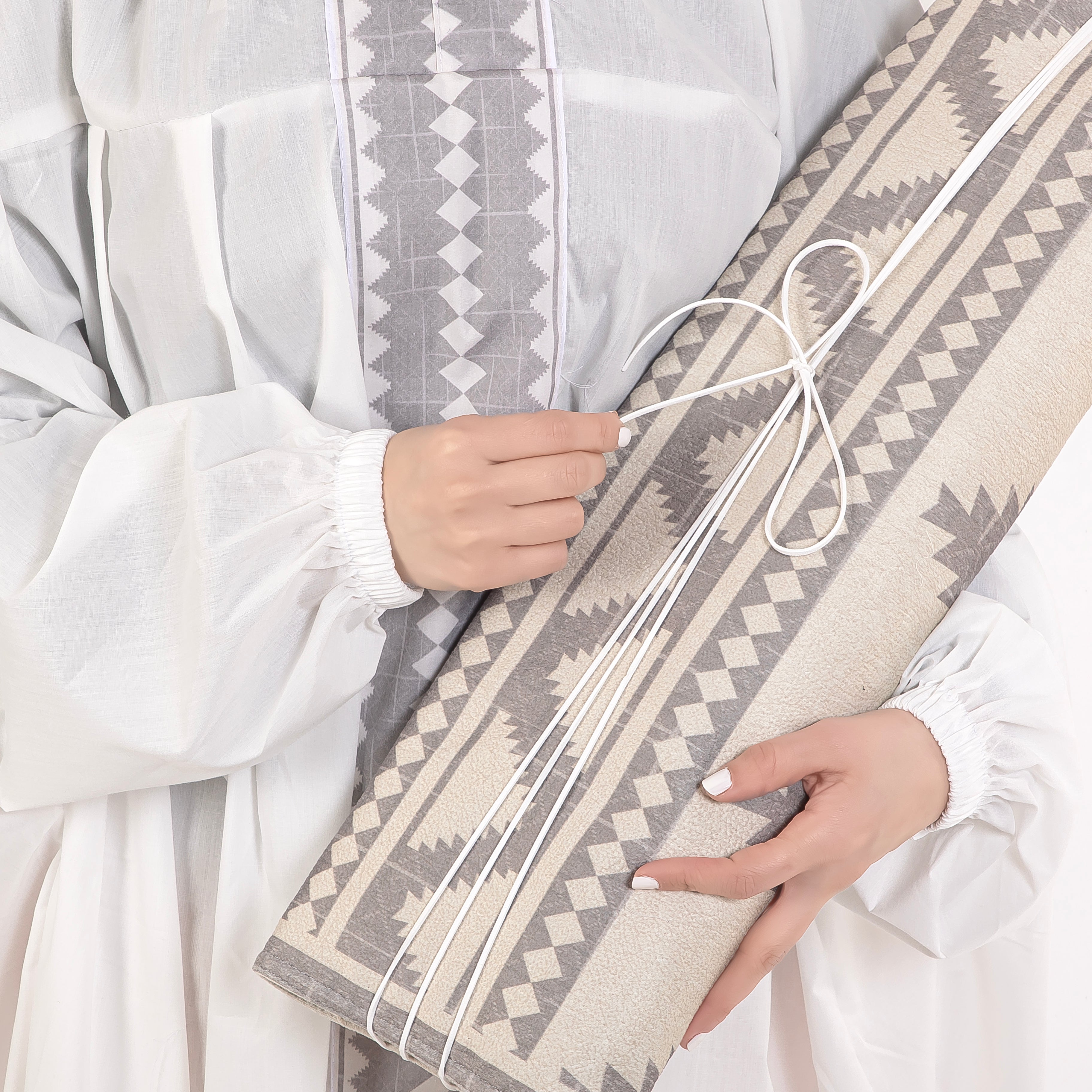 set of grey prayer carpet with matching prayer dress 