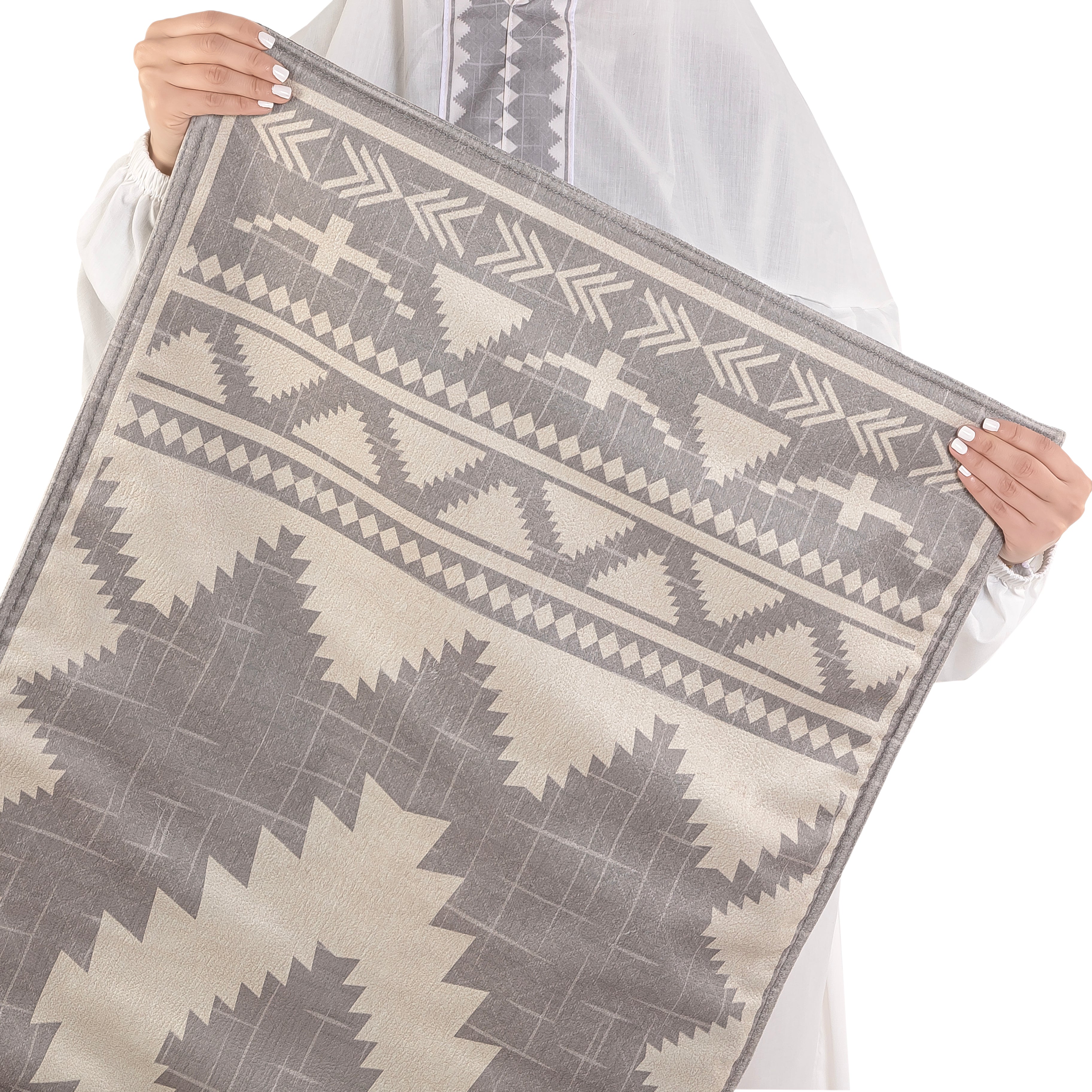 set of grey prayer carpet with matching prayer dress 