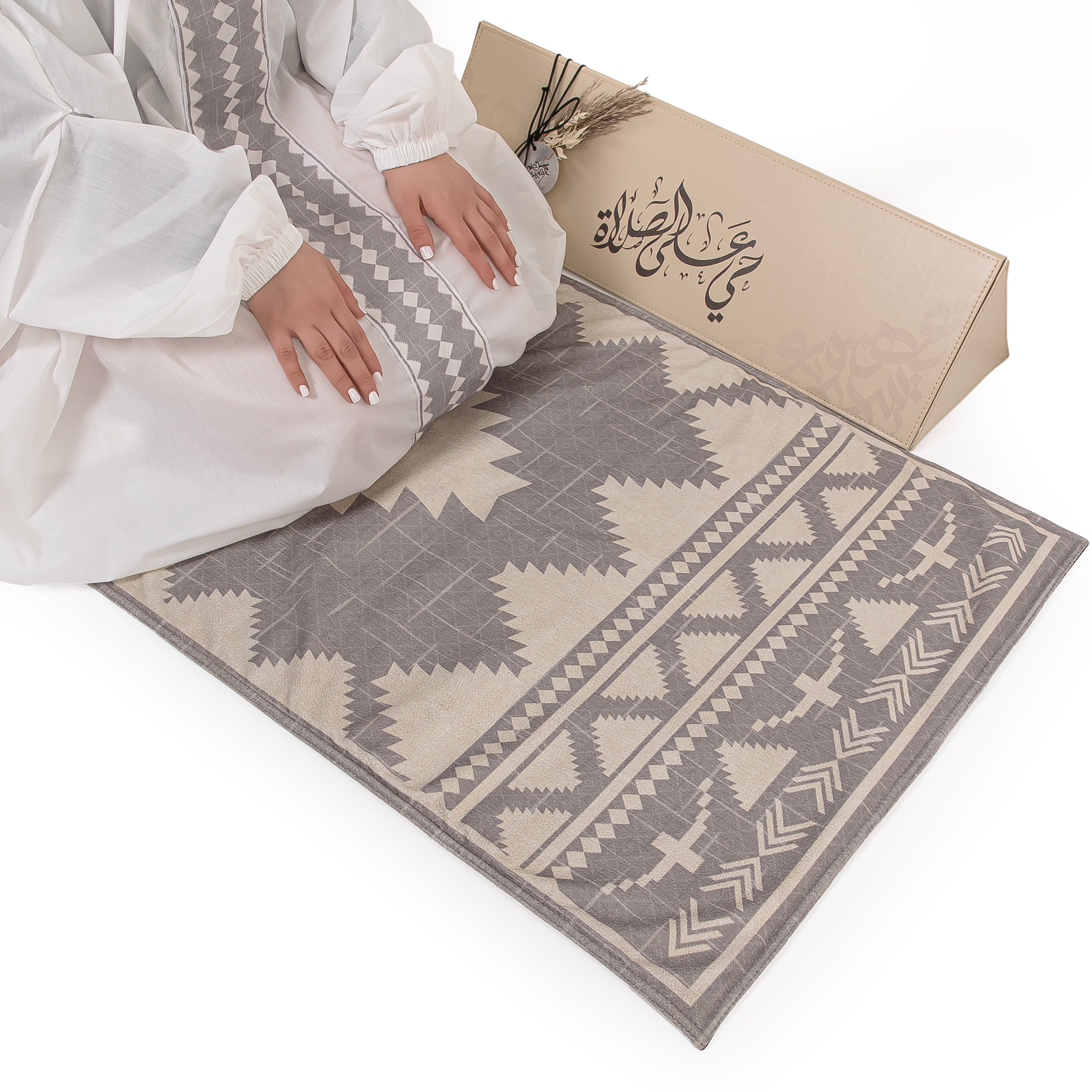 set of grey prayer carpet with matching prayer dress 