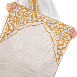 set of beige prayer carpet with matching prayer dress 
