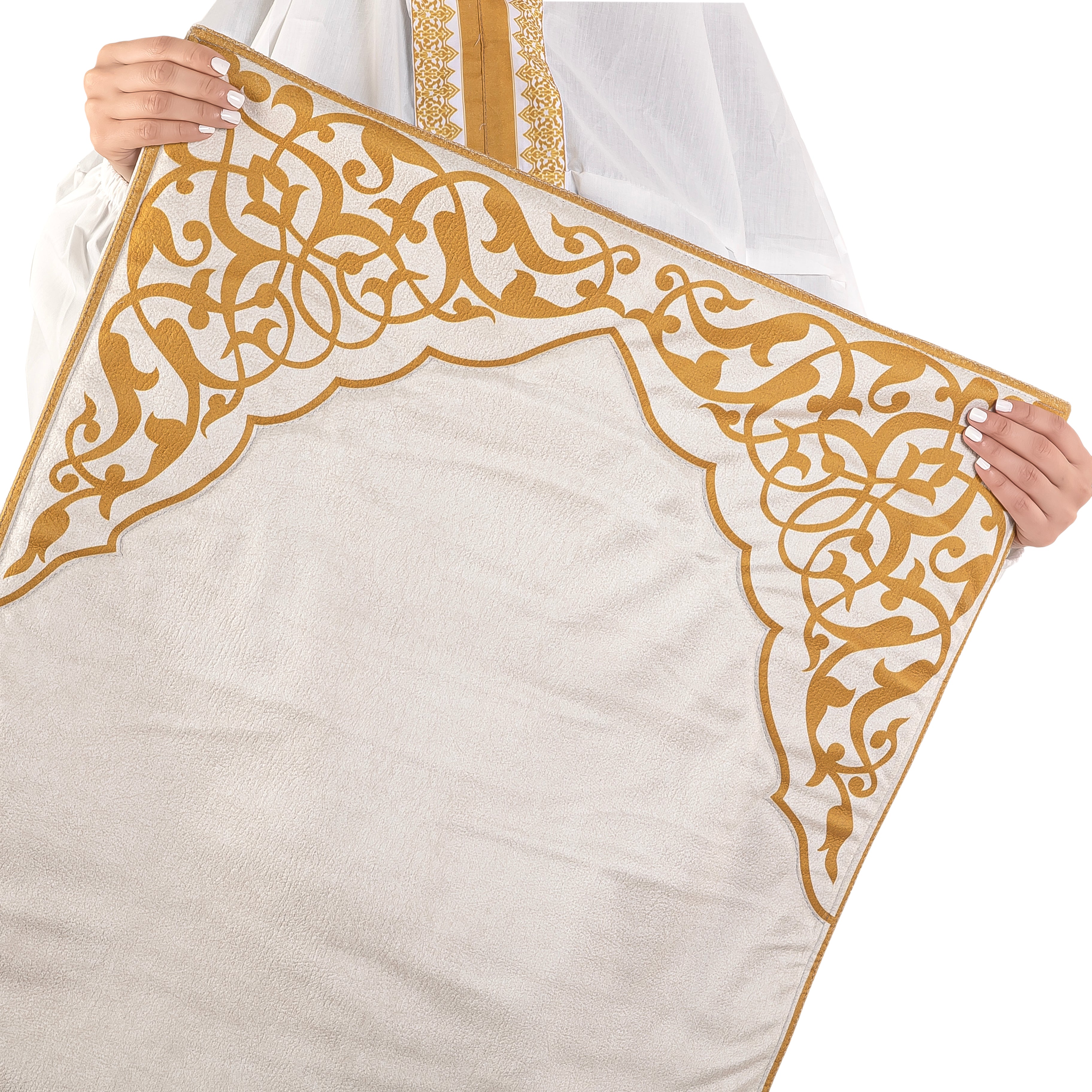set of beige prayer carpet with matching prayer dress 