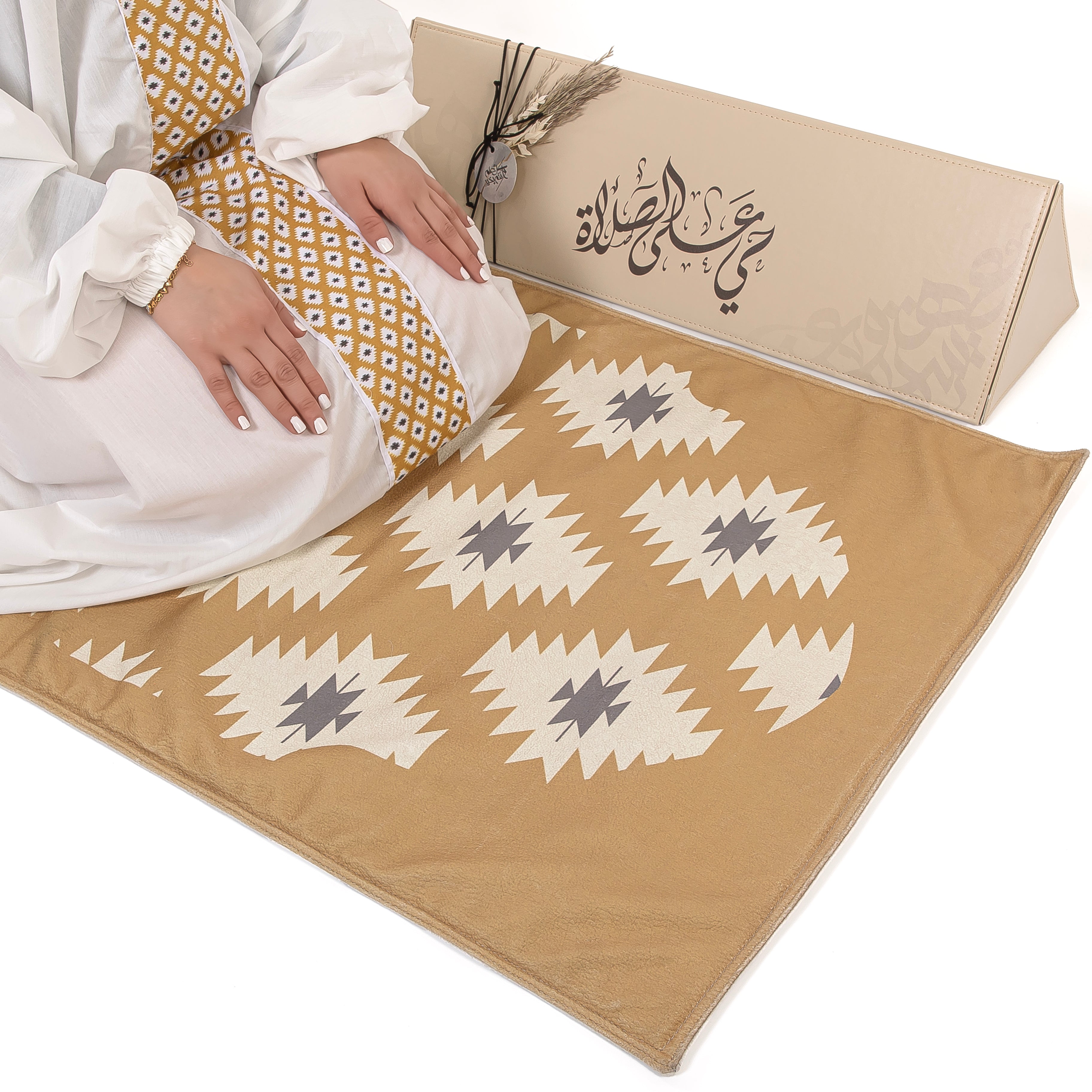 set of beige praying carpet with praying dress 