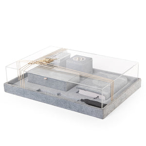 A blue set contains Quraan, incense burner, box, bakhor box, and bookmark in an acrylic box