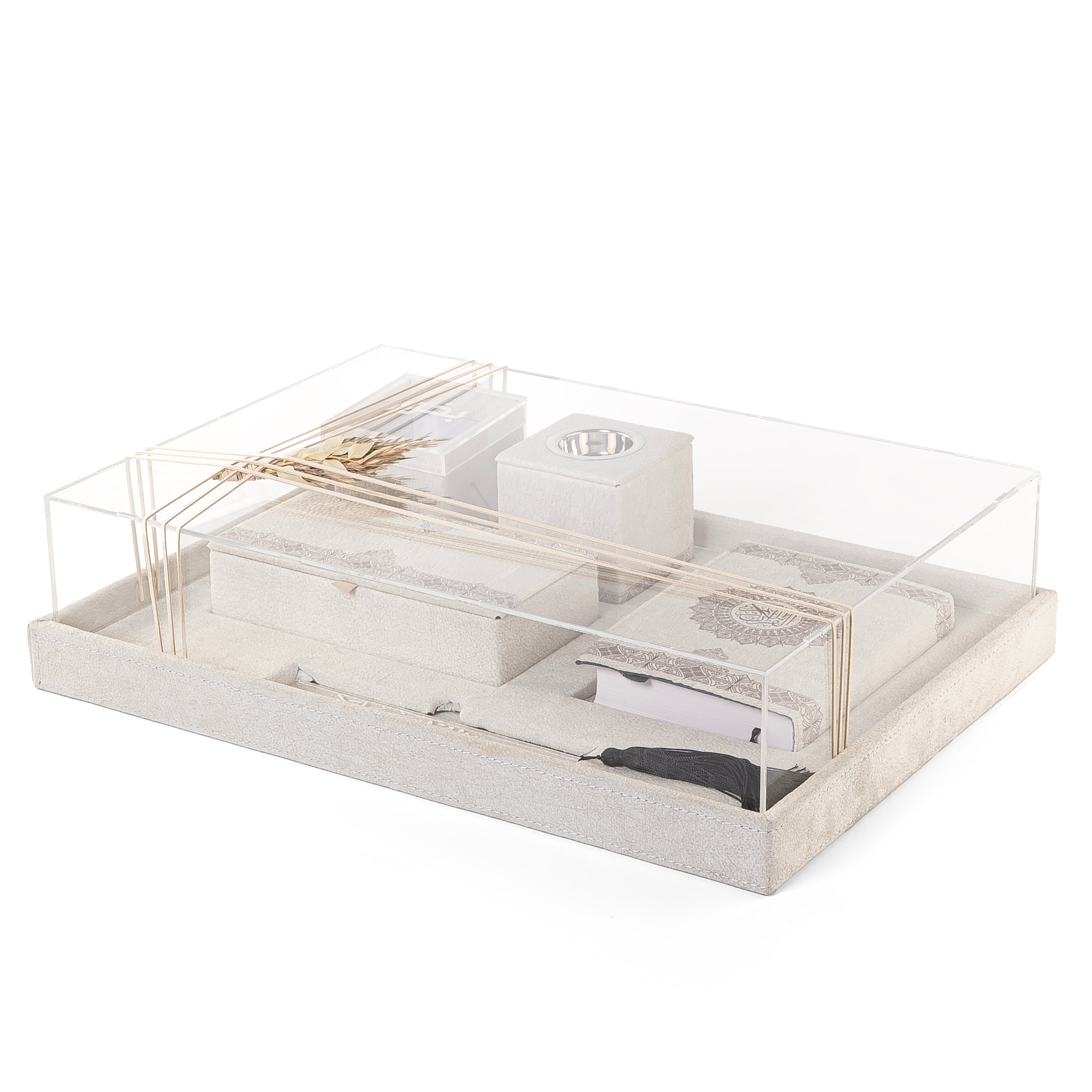 A grey set contains Quraan, incense burner, box, bakhor box, and bookmark in an acrylic box