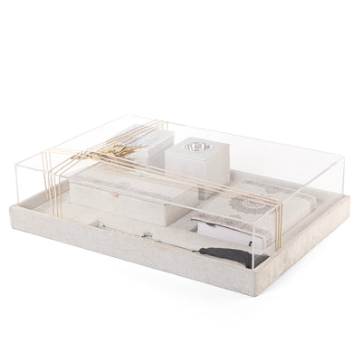 A grey set contains Quraan, incense burner, box, bakhor box, and bookmark in an acrylic box