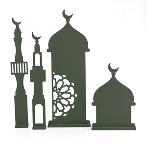 Set of four green wooden Ramadan crescent stand decorations