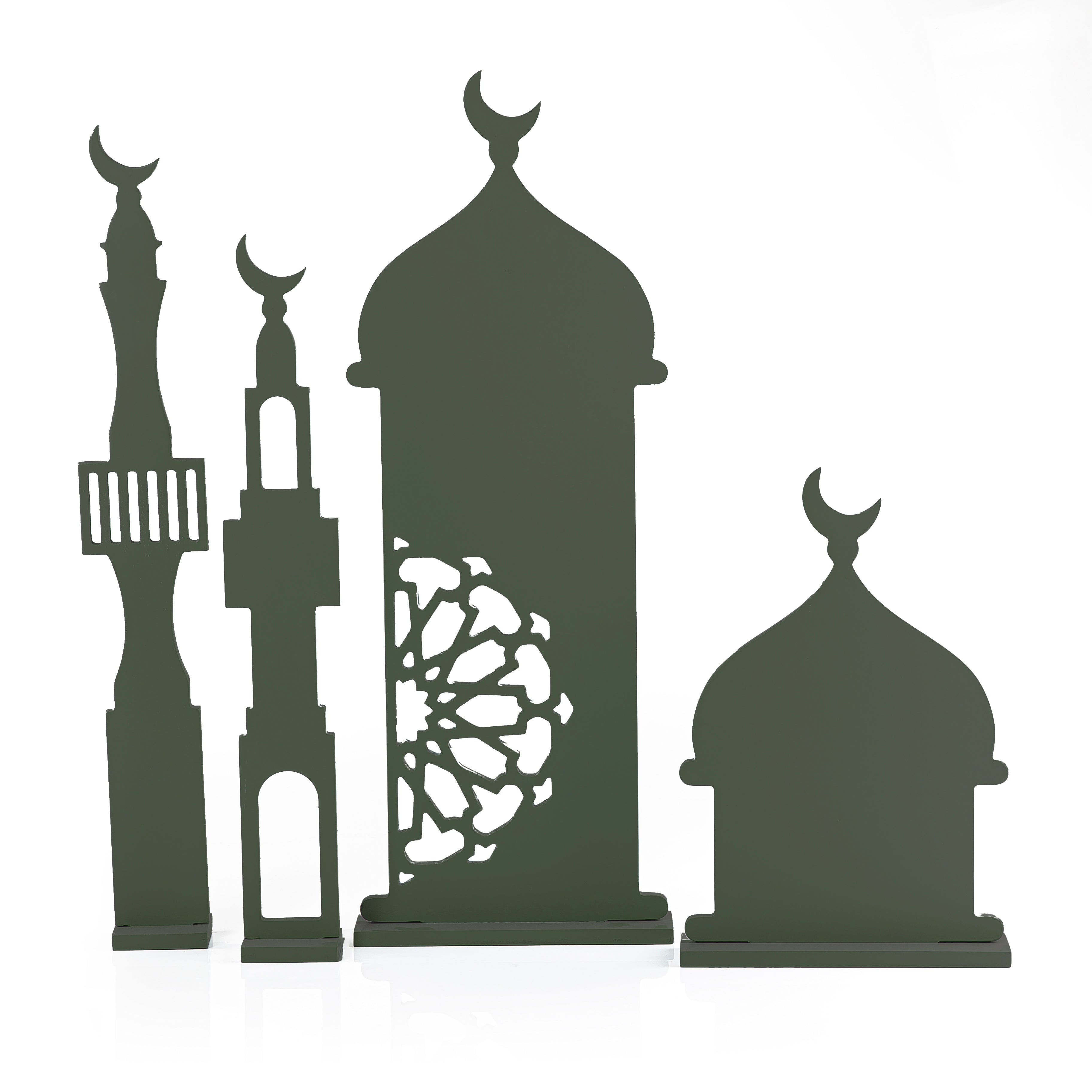Set of four green wooden Ramadan crescent stand decorations