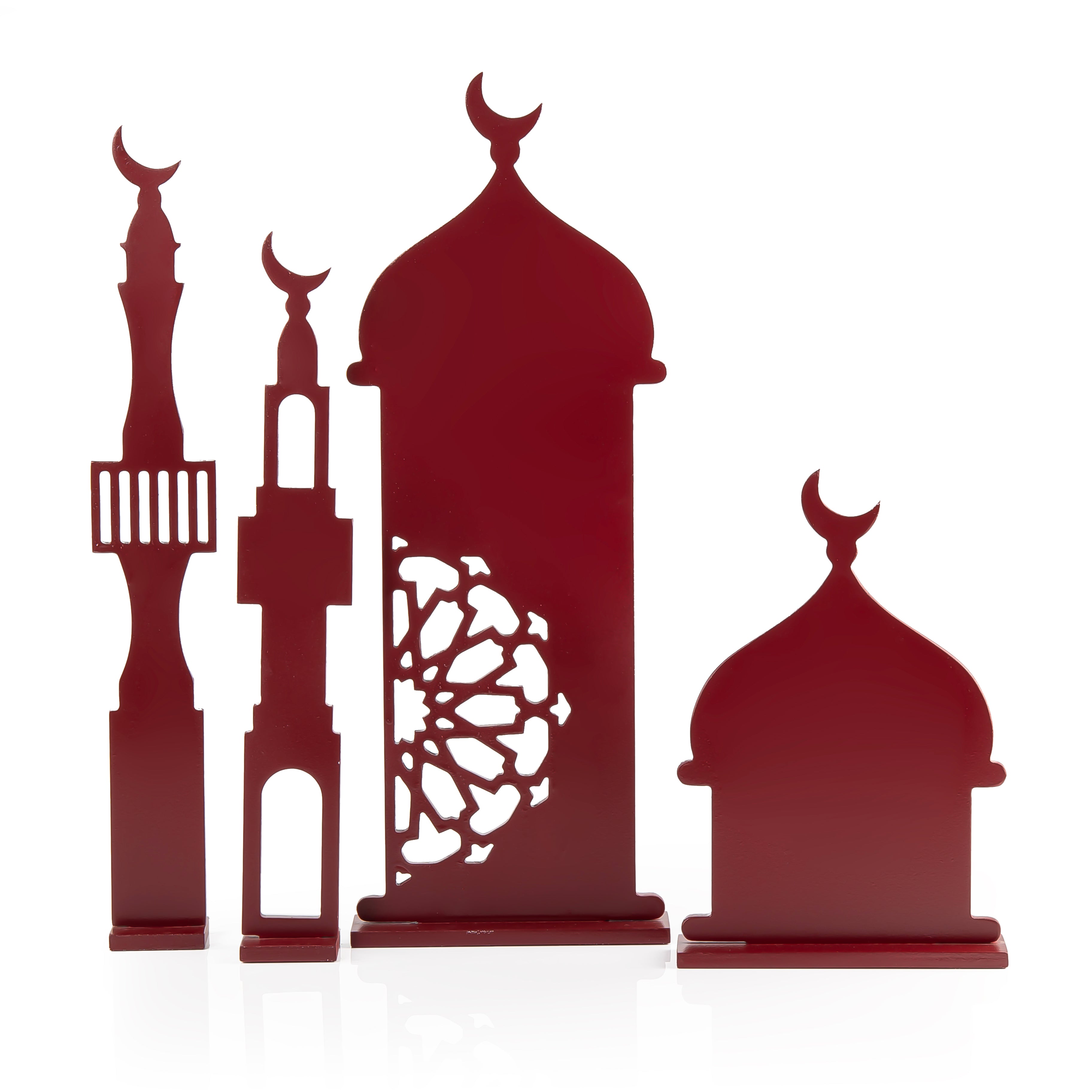 Set of four maroon wooden Ramadan crescent stand decorations