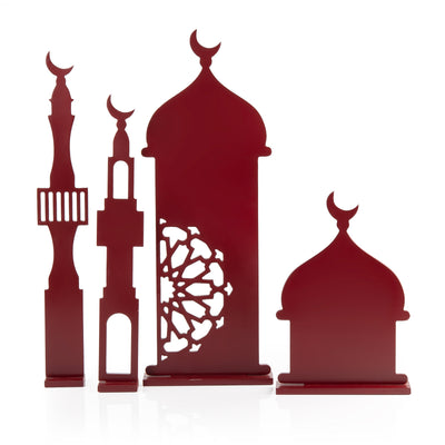 Set of four maroon wooden Ramadan crescent stand decorations